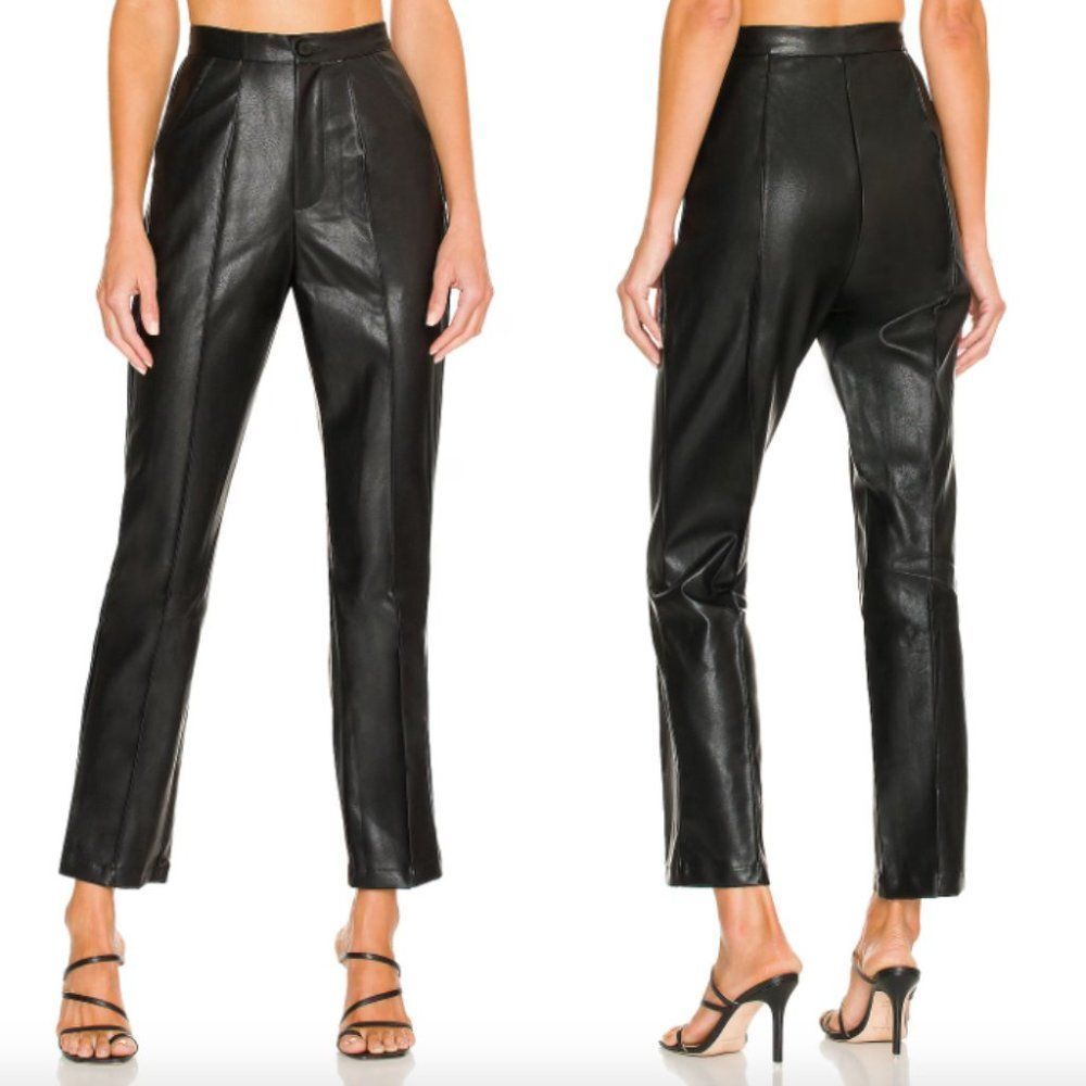 NWT SNDYS black Lennox faux leather slim straight leg stitch pleat pants